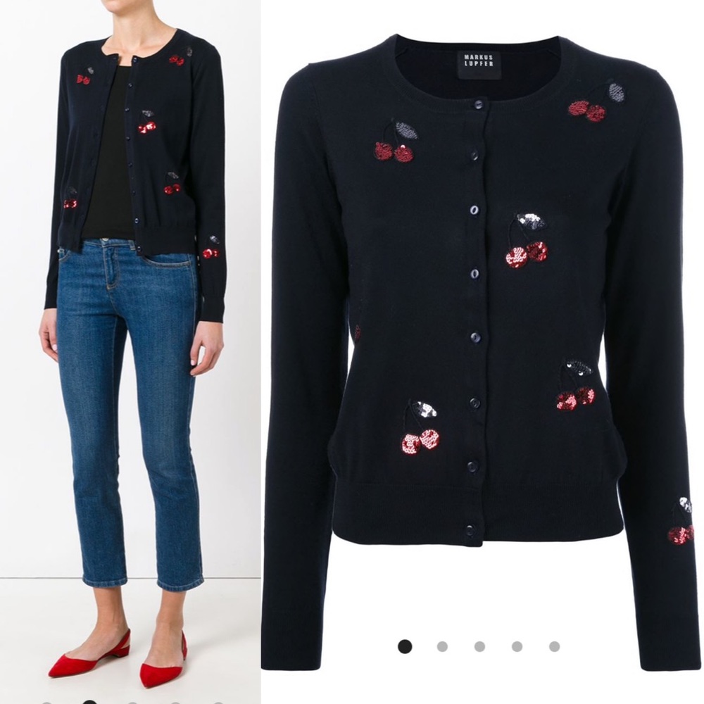 Markus Lupfer Blue Sequin Cherry Cardigan